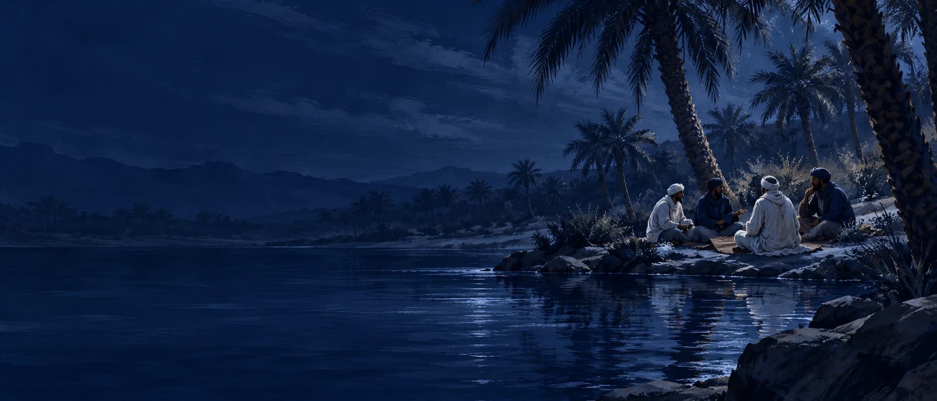 Four men in conversation beside a moonlit oasis, palm trees and still water around them