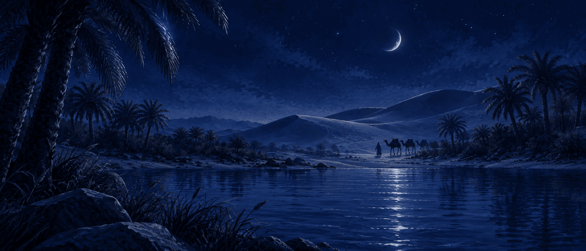 A moonlit desert oasis with palm trees, still water and a camel caravan