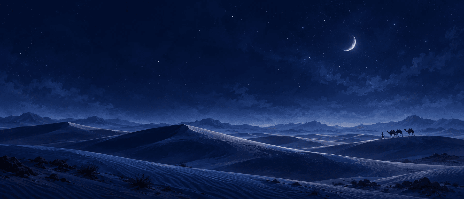 Moonlit desert dunes under a starry sky, with a camel caravan crossing a ridge on the right